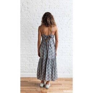 by the River Maxi Dress Womens Small Blue Floral Tiered Boho Back Tie Strappy